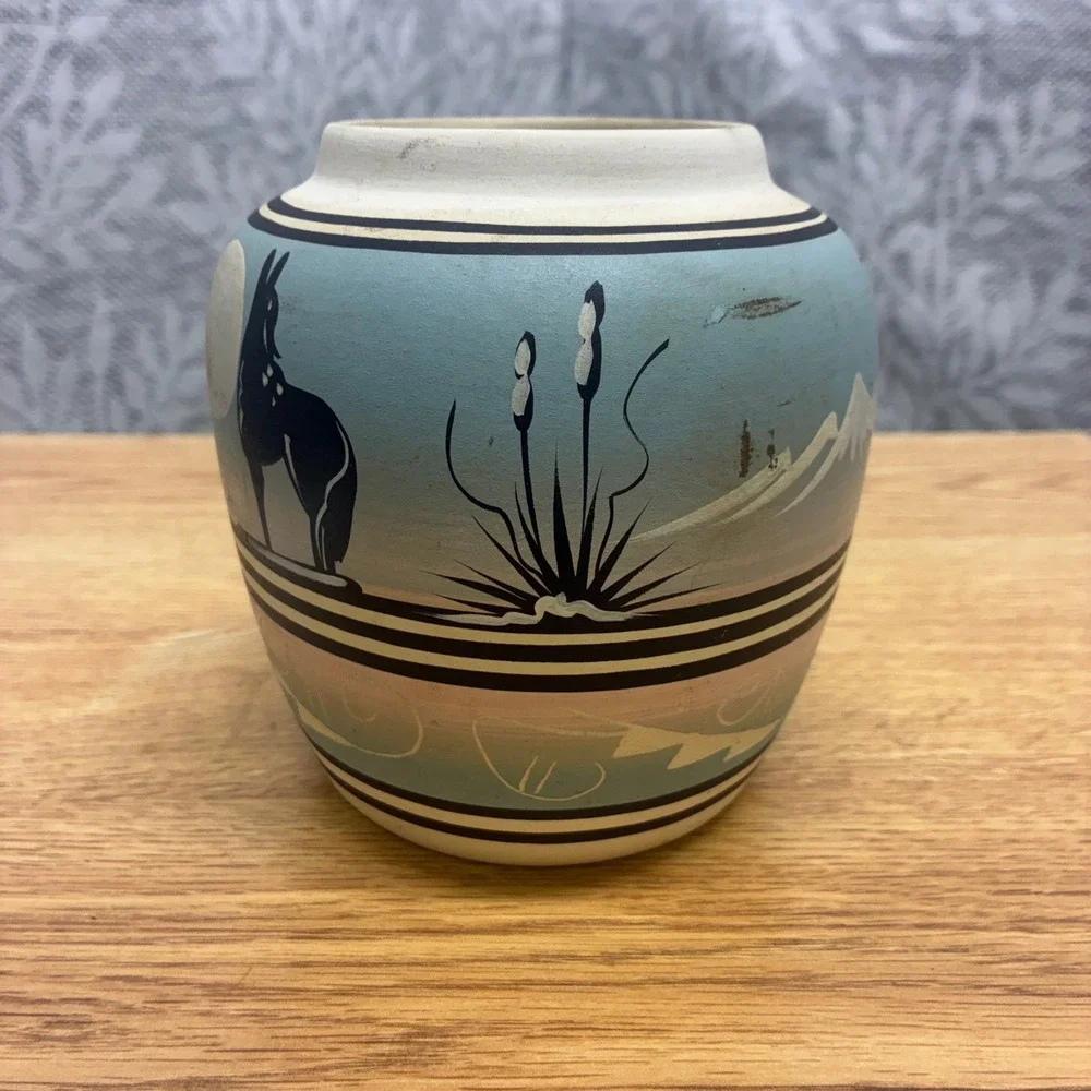 Lyn Navajo Pottery Vase Unisex Small Hand Painted Coyote Moon Desert Landscape
